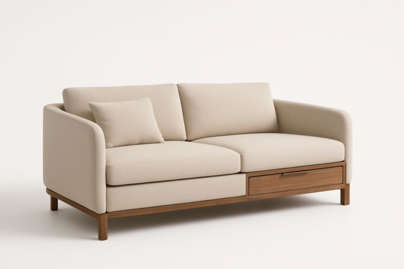 Divano in Tessuto Poliestere con Struttura in Legno di Noce e Cuscini Imbottiti 200cm Beige