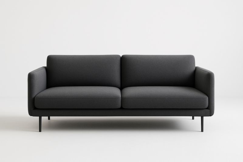 Divano due posti in tessuto poliestere grigio con gambe in metallo