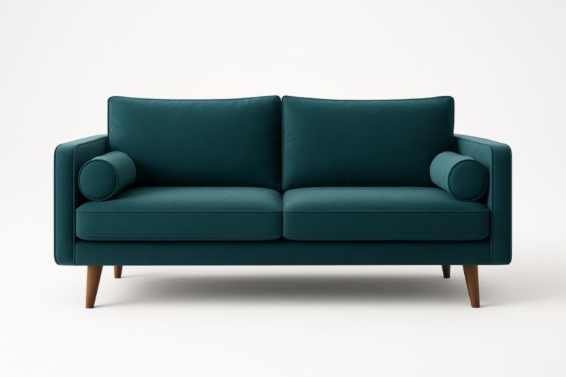 Divano in tessuto poliestere verde petrolio con gambe in legno