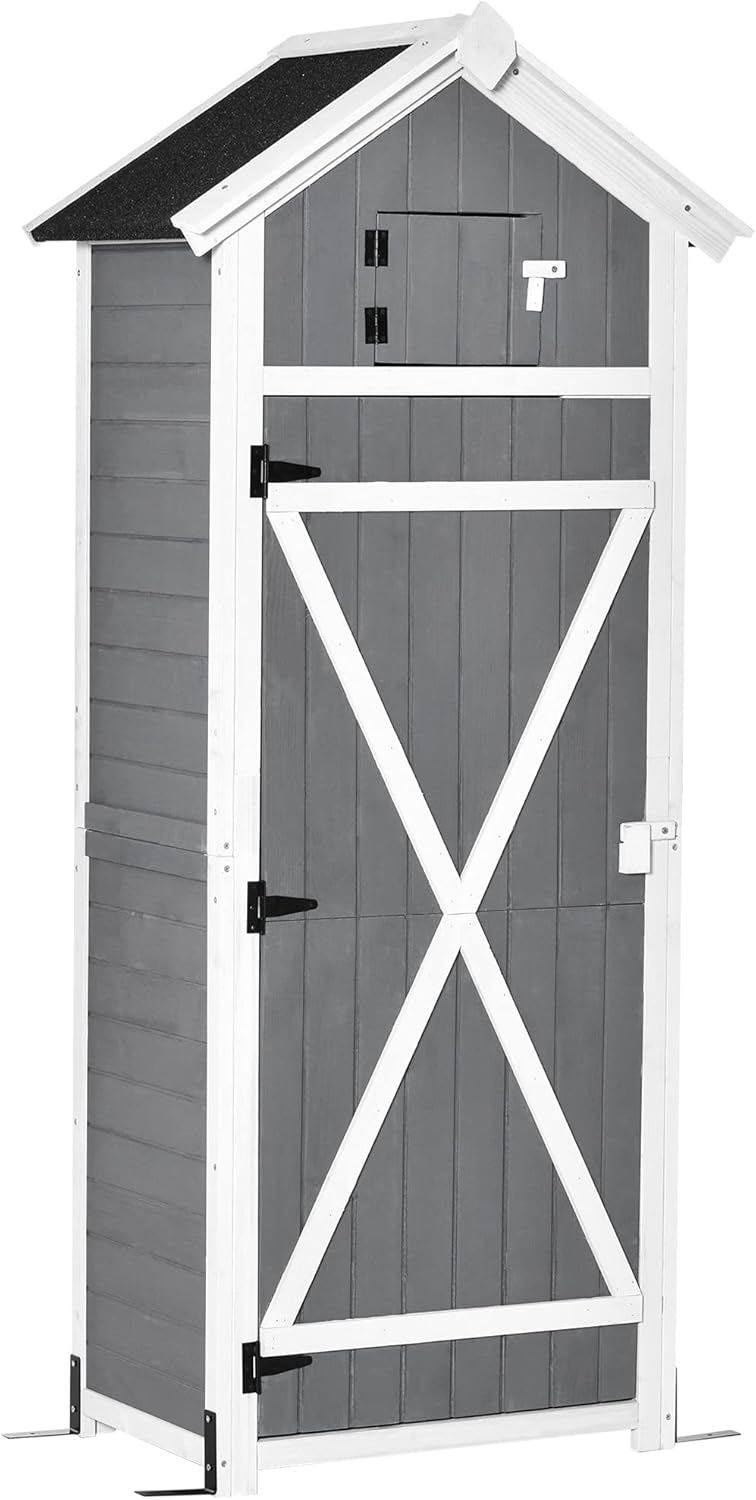 Outsunny Gartenschrank Holz, wetterfest 78x52,5x182cm Gerätehaus, Geräteschuppen mit Satteldach, Tür, Gartenschuppen mit faltbar Tisch, Haken, Geräteschrank Werkzeugschrank für Terrasse, Garten, Grau-Airyify