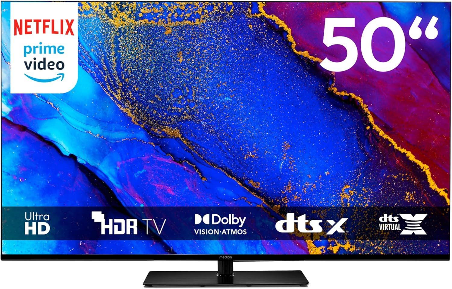 MEDION 125,7 cm 50 Zoll Fernseher Smart TV, 4K, Dolby Vision HDR, Prime Video, Disney, Dolby Atmos, DTS X, kompatibel mit Google TV, PVR, Bluetooth, MD 850400-Airyify