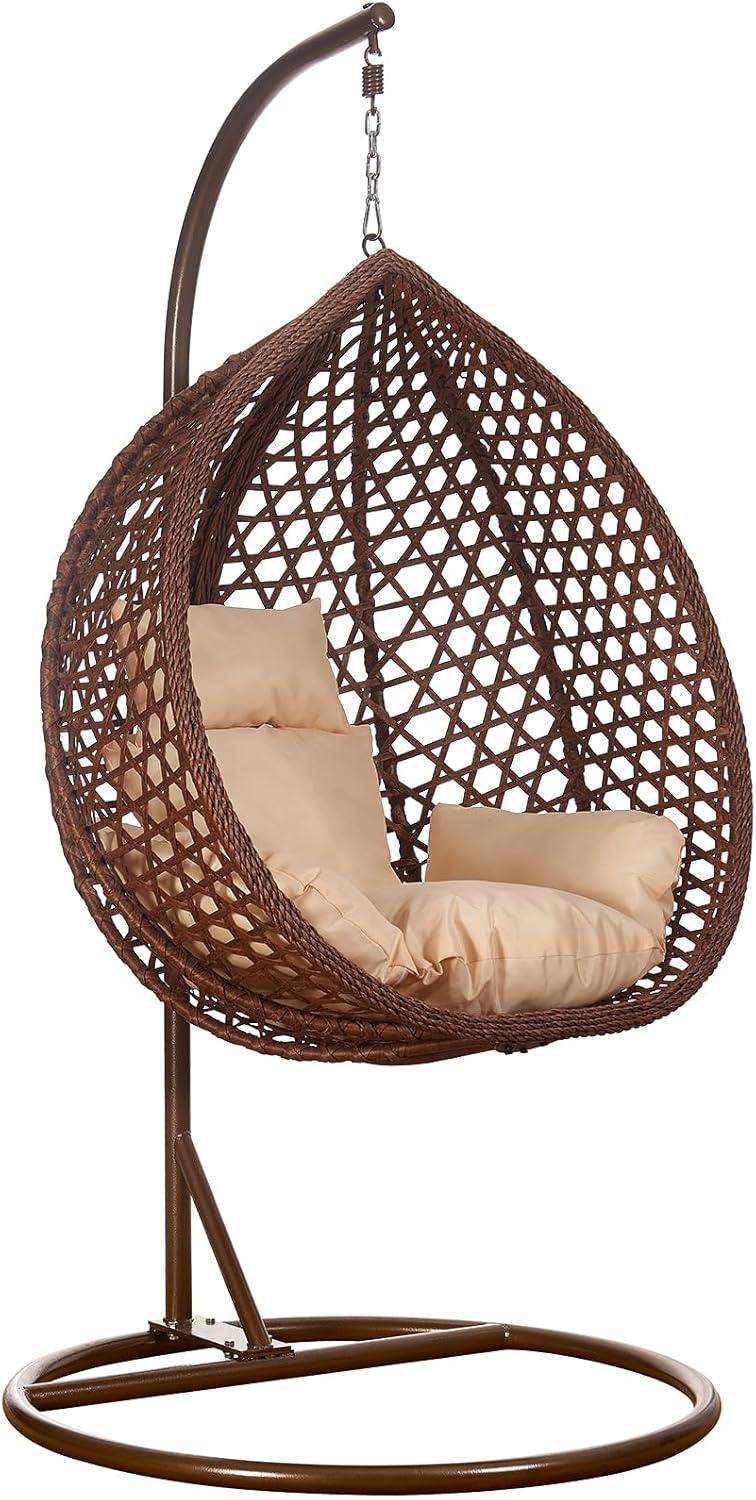 Luxus Hängesessel Style XXL Rattan Korb und Gestell Braun mit Relaxkissen Beige-Airyify