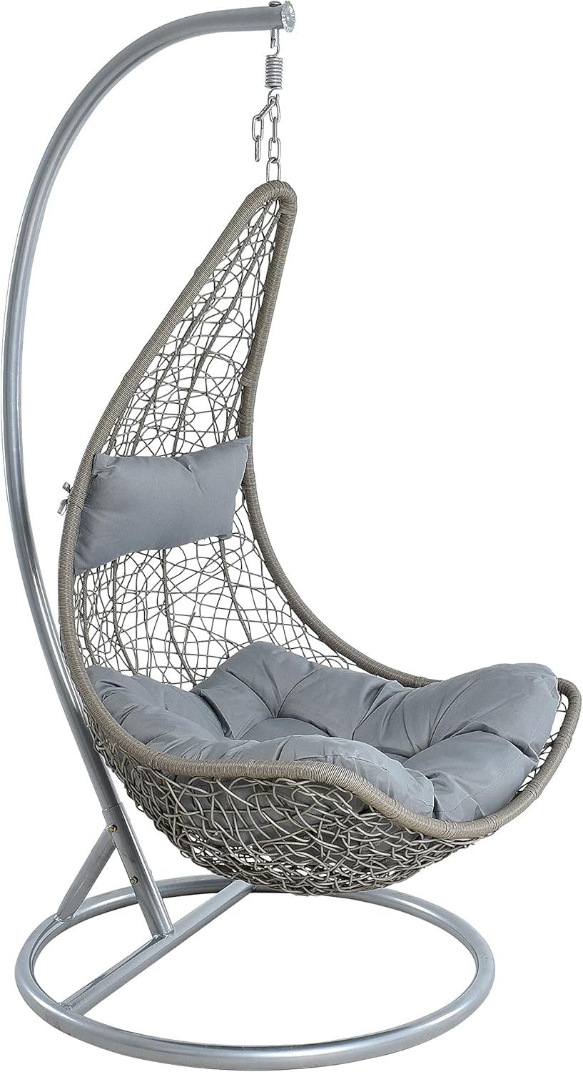 ESTEXO Hängesessel für eine Person mit Gestell, Einsitzer, Polyrattan, Hängekorb, Hänge Schaukel, wetterfest - Grau Silber-Airyify