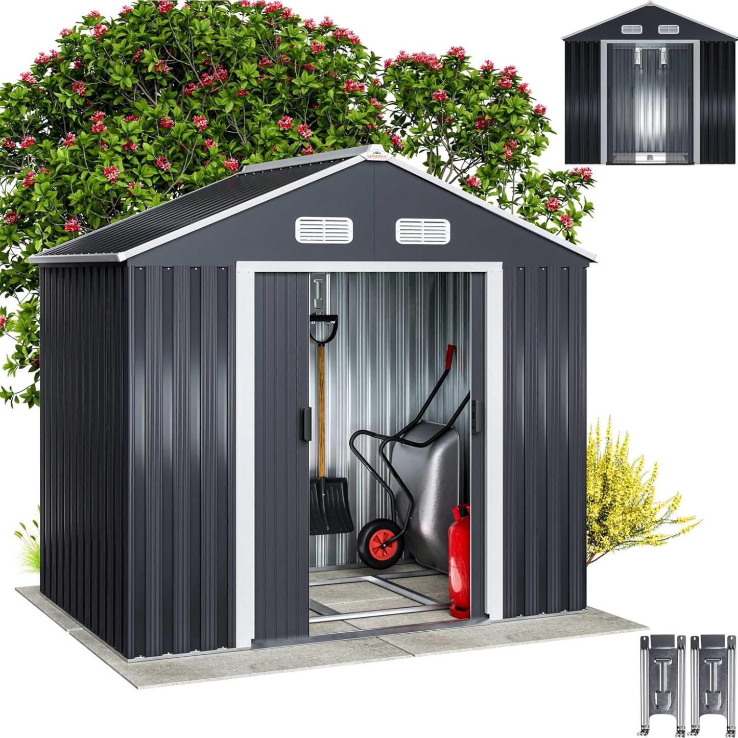 GARDEBRUK XL Metall Gerätehaus 2m2 mit Fundament 196x132x188cm Schiebetür Anthrazit Geräteschuppen Gartenhaus Schrank 4m3-Airyify
