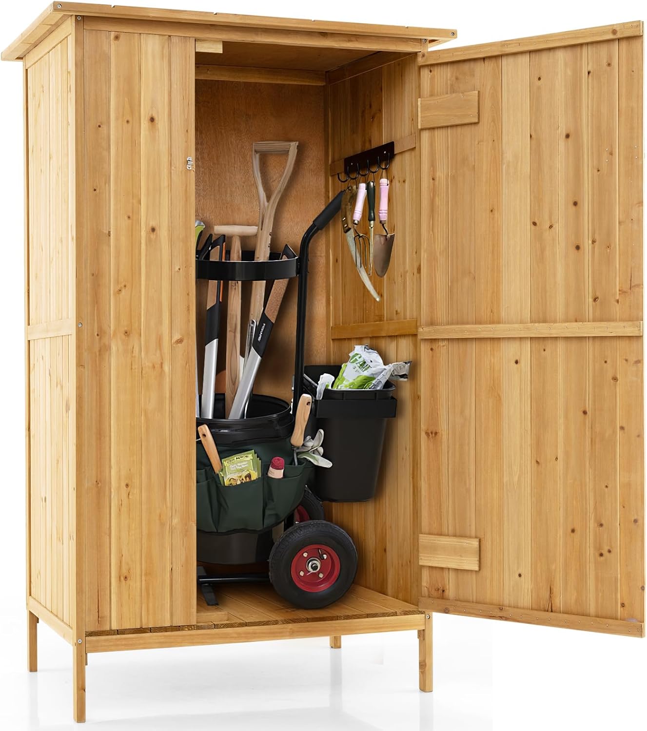 HOMASIS Gartenschrank Holz, Gartenhaus mit 3 Regalen und 5 Haken, Gerätehaus Wetterfest Outdoor, Geräteschuppen mit Asphaltdach, Geräteschrank Gartenschuppen Holzschuppen, Natur, 91x66x150cm-Airyify