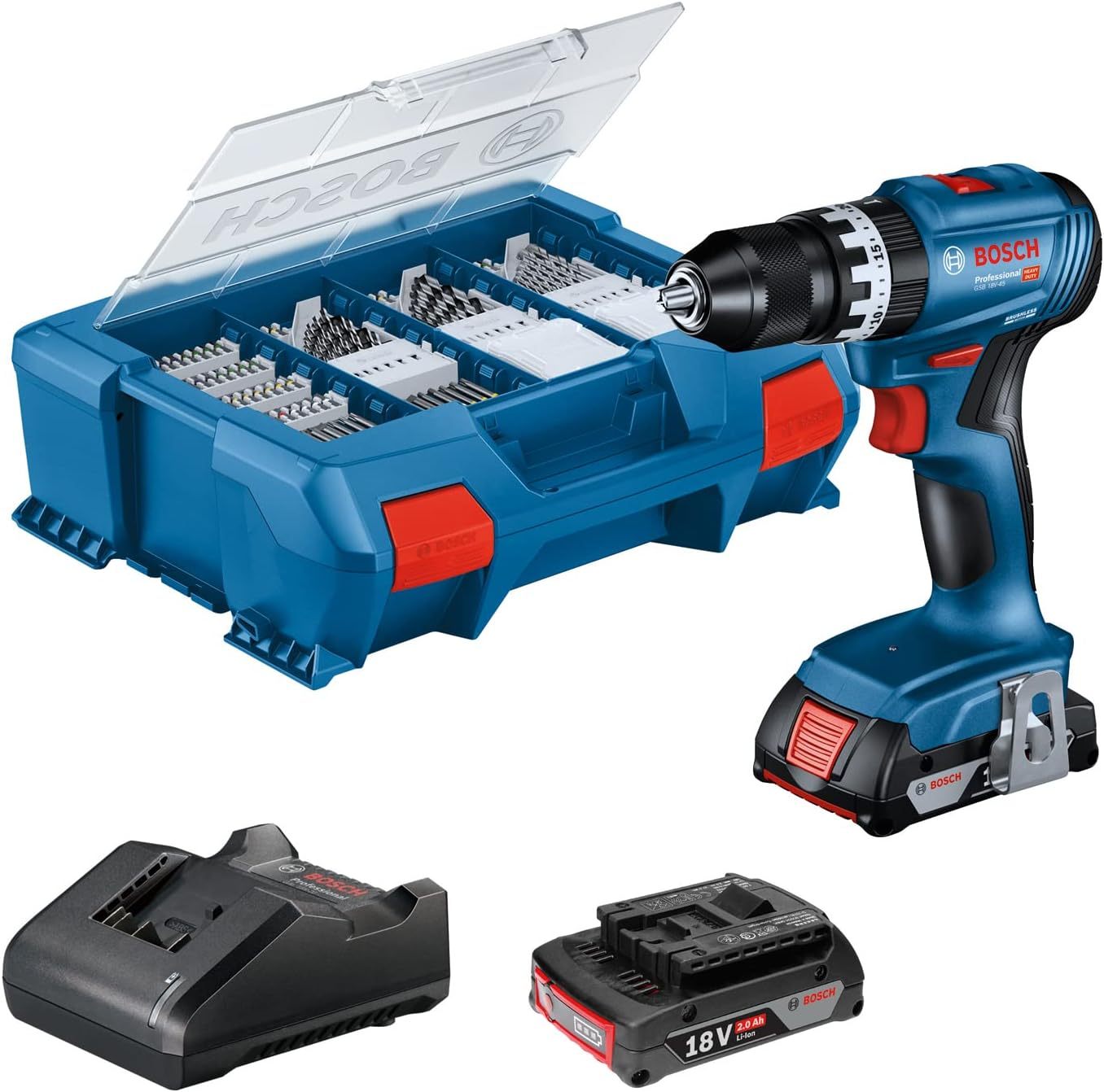 Bosch Professional 18V System Akku Schlagbohrschrauber GSB 18V - 45 Drehzahl 1.900 min, inkl. 2x 2.0Ah Akku, GAL 18V - 2082, 82 - teiliges Zubehör - Set, L - Case Pick und Click-Airyify