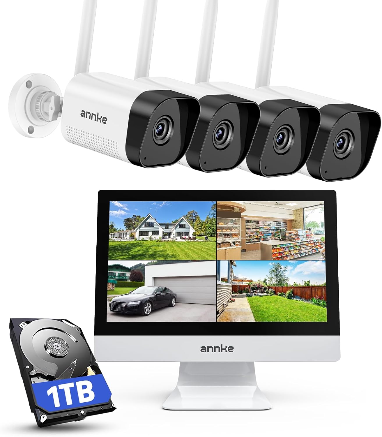 ANNKE 3MP Überwachungskamera Set Aussen WLAN mit 12Monitor, 10CH 4K Wireless NVR mit 4 Pcs 3MP WiFi Kameras, 2 - Wege - Audio, Personenerkennung, 24 7 Aufnahme, 30M Nachtsicht für Aussen, Innen, 1TB HDD-Airyify