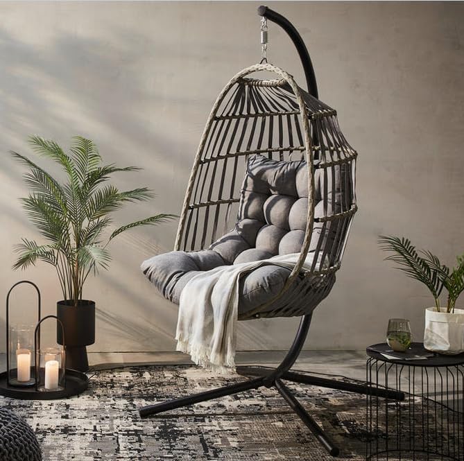 Hängesessel mit Gestell für Wohnzimmer,Garten und Balkon Geräumiger Hängekorb XXXL Größen:126HX84WX64D cm - Keine Raumunterdrückung Gefühl Premium Qualität Nylon Polyrattan gewebt Inkl.Grau Kissen-Airyify