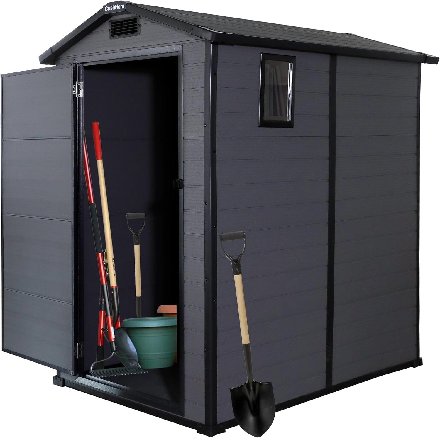 CCLIFE Gartenhaus Gerätehaus Geräteschuppen 3.2m3, Gartenhütte Kunststoff Wetterfest Gerätehäuser 115x163x195cm, Grau, CushHom-Airyify