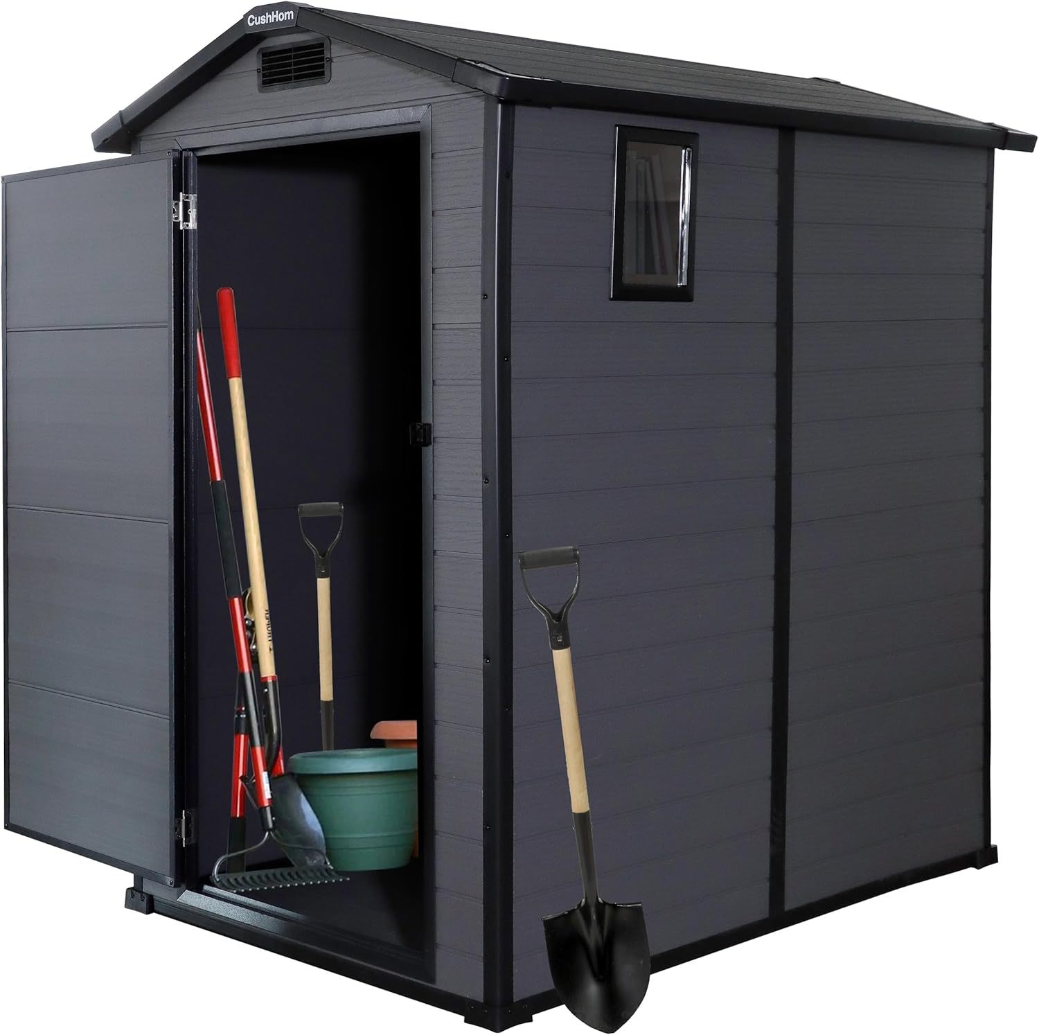 CCLIFE Gartenhaus Gerätehaus Geräteschuppen 3.2m3, Gartenhütte Kunststoff Wetterfest Gerätehäuser 115x163x195cm, Grau, CushHom-Airyify