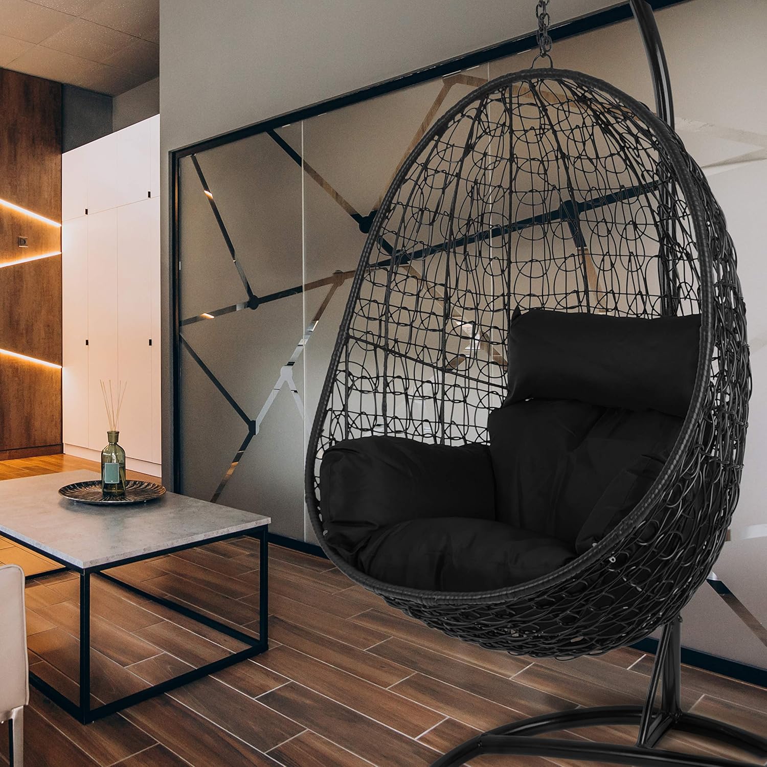 Kideo Komplettset: schwarzer Hängesessel mit Gestell und Kissen, Poly - Rattan, komplett schwarzes Set Kissen: schwarz-Airyify