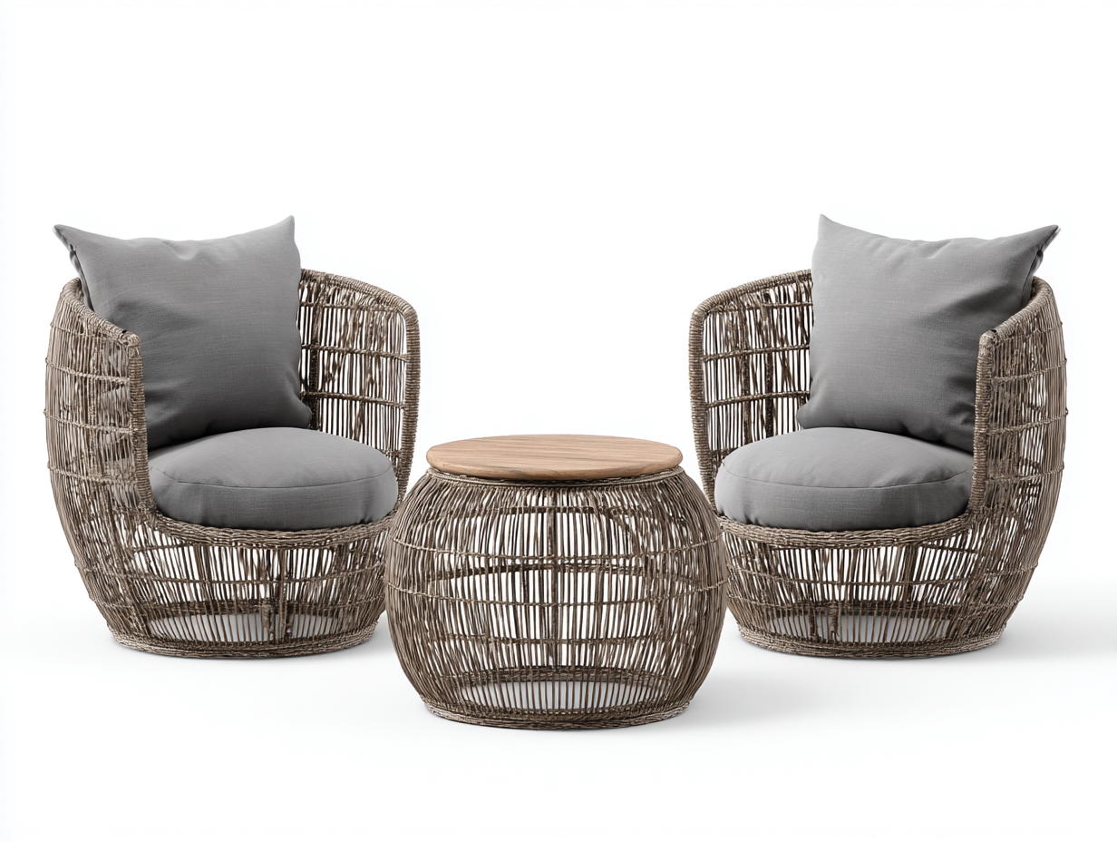 Gartensitzgruppe Polyrattan - Sessel 78x70x80 - Tisch 60x60x45 cm - grau/naturholzoptik - für Garten/Terrasse - komfortables Design-Airyify