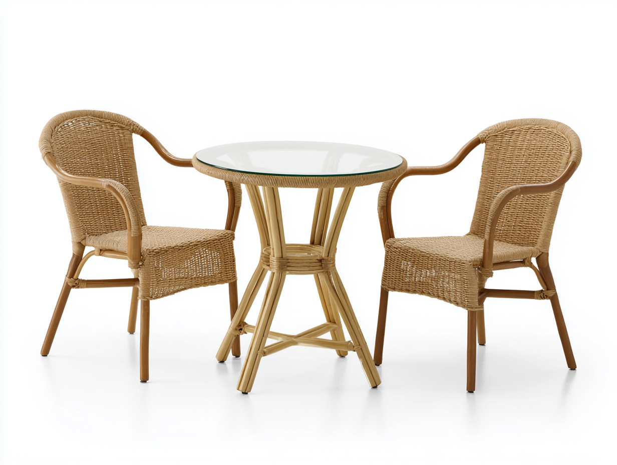 Gartensitzgruppe - Rattan/Glas - 70x70x75 cm Tisch / 58x60x85 cm Stuhl - natur - für Garten - klassisches Design-Airyify