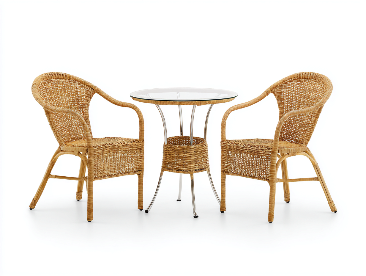 Gartensitzgruppe - Rattan/Glas - 60x60x70 cm Tisch / 58x60x85 cm Stuhl - natur - für Garten - klassisches Design-Airyify