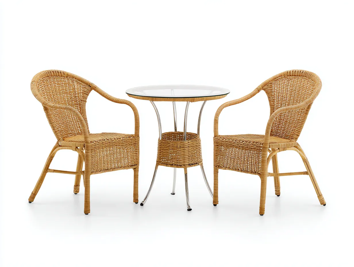 Gartensitzgruppe - Rattan/Glas - 60x60x70 cm Tisch / 58x60x85 cm Stuhl - natur - für Garten - klassisches Design-Airyify