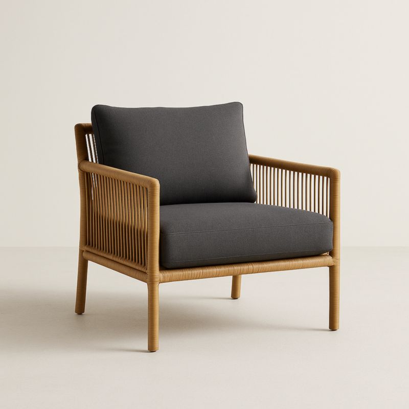 Poltrona in Polyrattan Beige con Cuscini Grigio Scuro