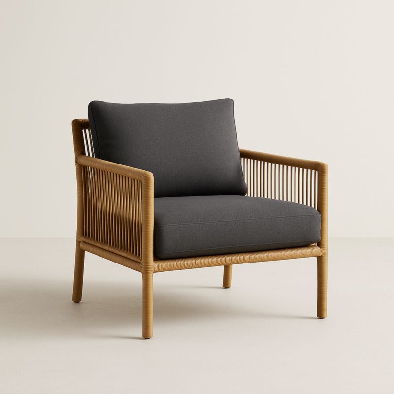 Poltrona in Polyrattan Beige con Cuscini Grigio Scuro