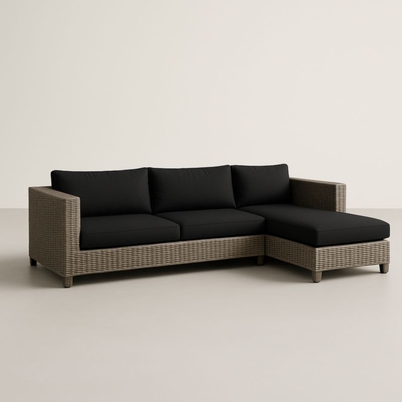 Divano angolare in rattan sintetico con cuscini in poliestere nero