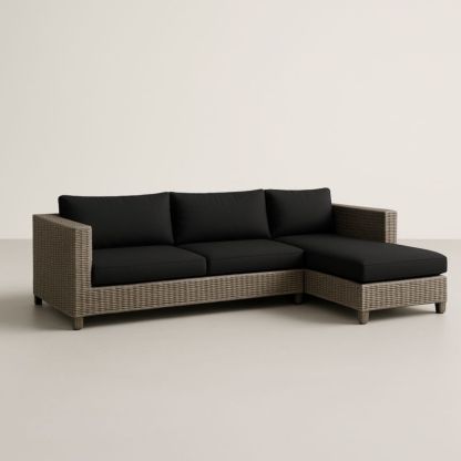 Divano angolare in rattan sintetico con cuscini in poliestere nero