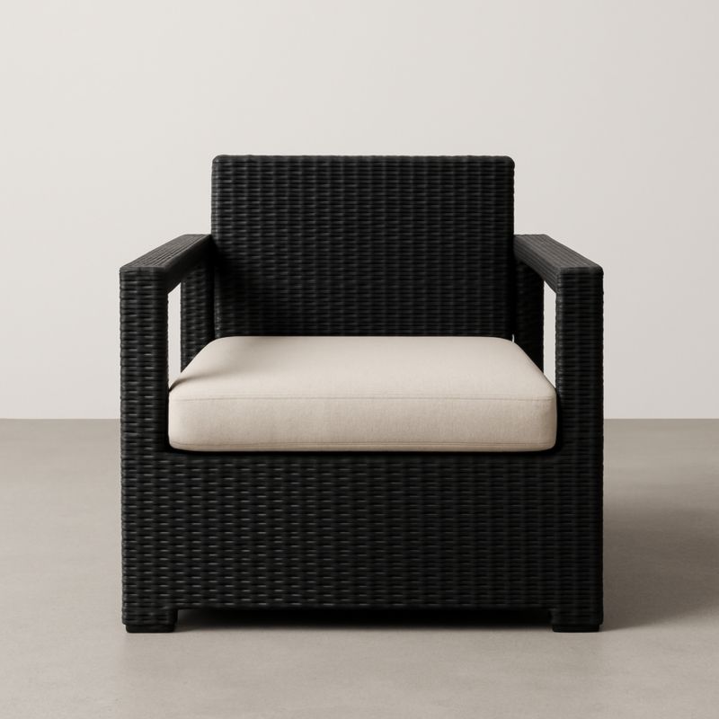 Poltrona da Esterno in Rattan Sintetico Nero con Cuscino in Poliestere Beige