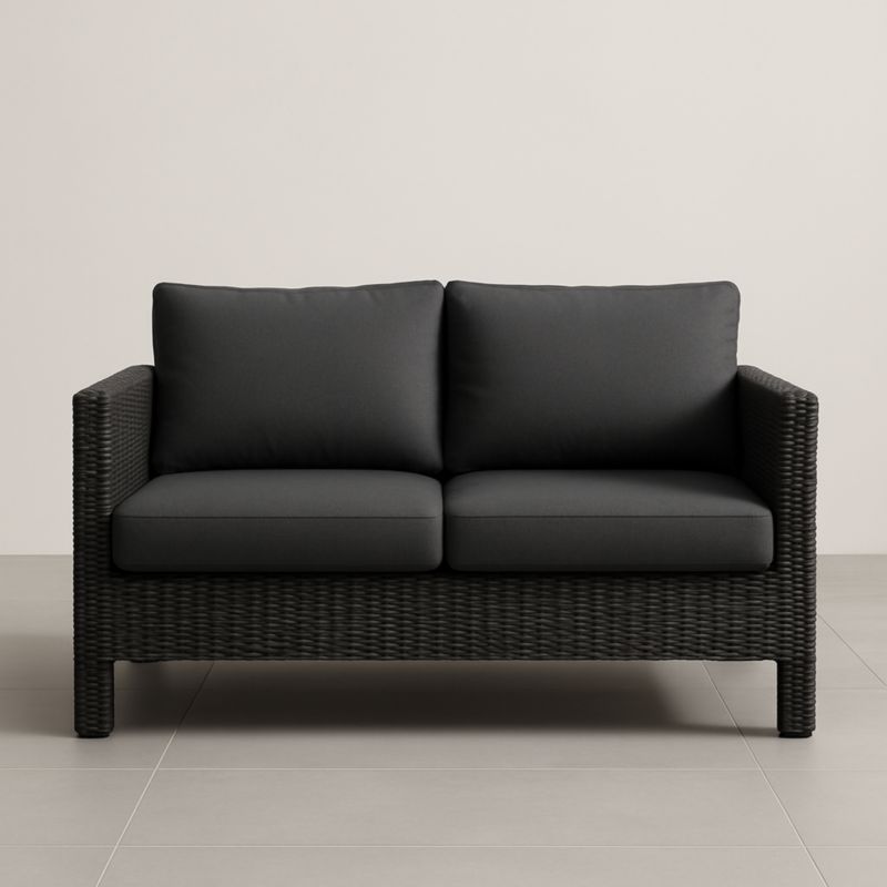 Divano a due posti in rattan sintetico con cuscini grigi