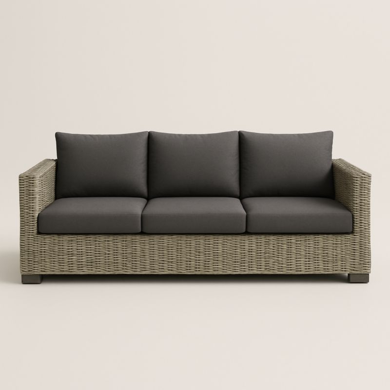 Divano a 3 Posti in Rattan Grigio con Cuscini Antracite