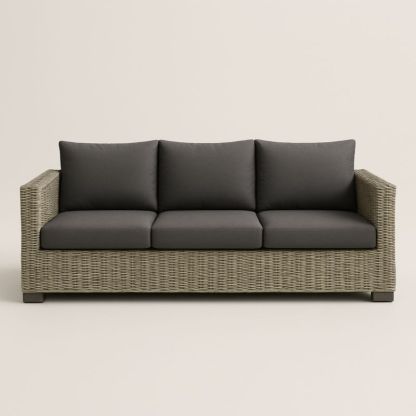 Divano a 3 Posti in Rattan Grigio con Cuscini Antracite