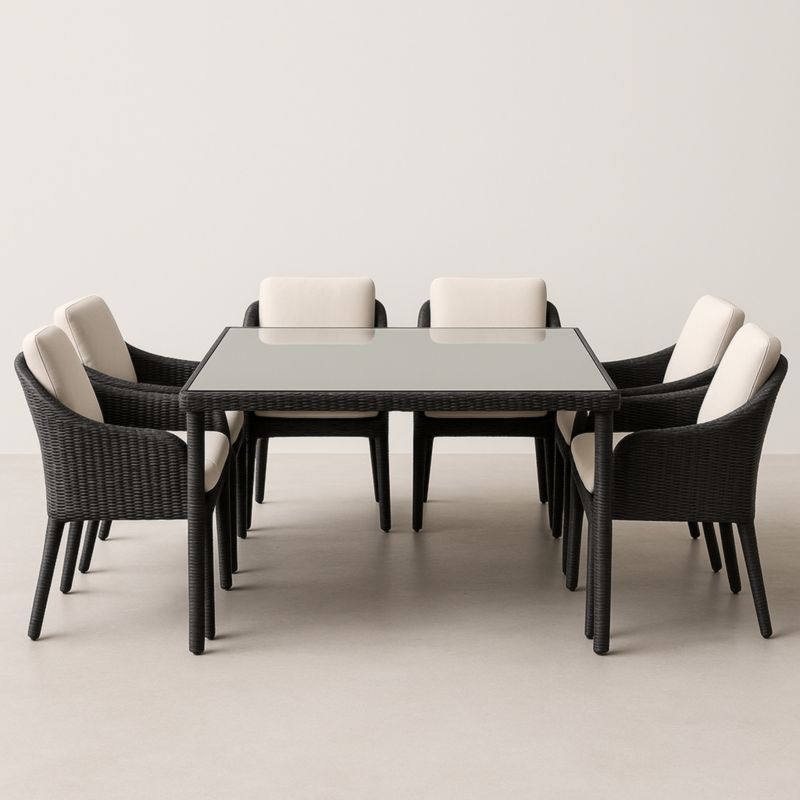 Set da pranzo in rattan con piano in vetro temperato e 6 sedie imbottite