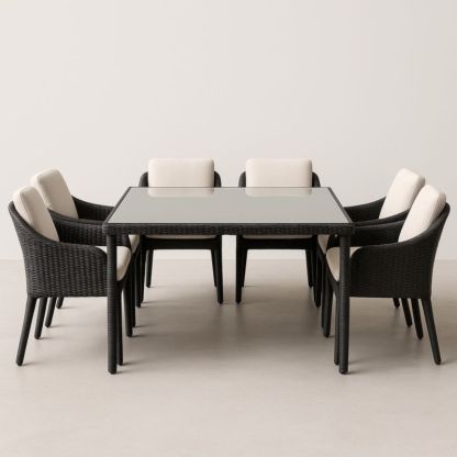 Set da pranzo in rattan con piano in vetro temperato e 6 sedie imbottite