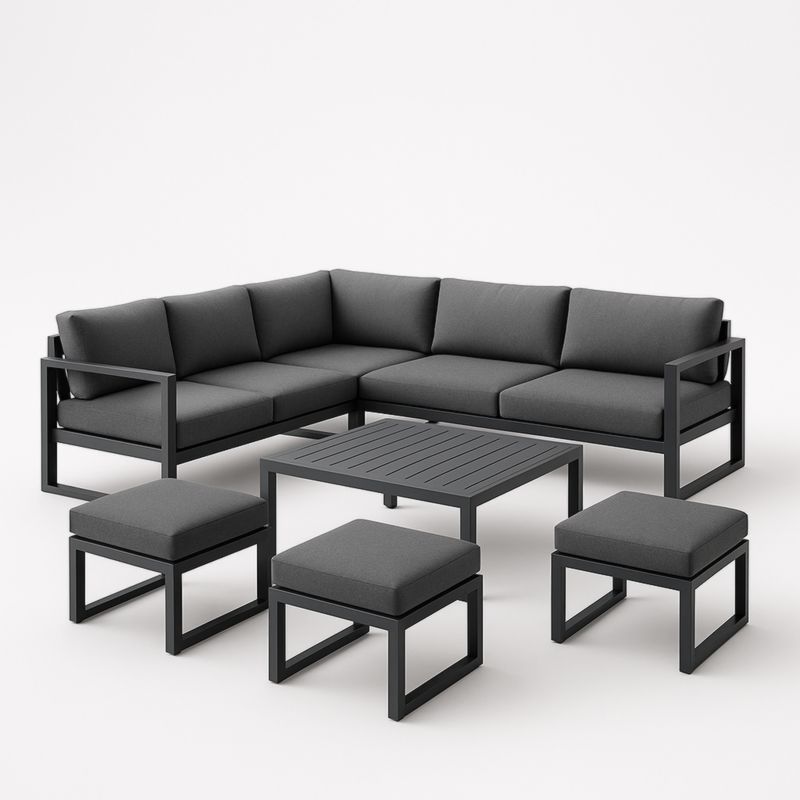 Set divano angolare da esterno in metallo con cuscini grigio scuro