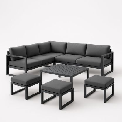 Set divano angolare da esterno in metallo con cuscini grigio scuro