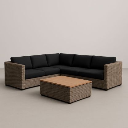 Divano angolare da esterno in rattan sintetico con tavolino