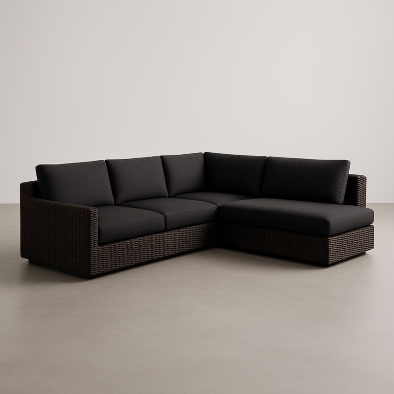 Divano angolare in rattan marrone e tessuto nero 300x250x85 cm