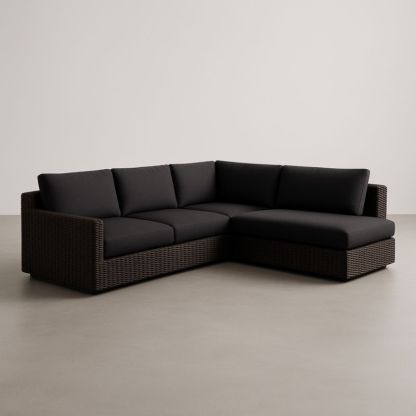 Divano angolare in rattan marrone e tessuto nero 300x250x85 cm