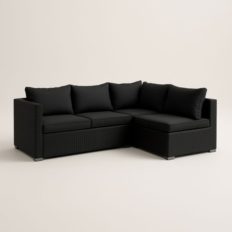 Divano Angolare in Rattan e Cuscini in Tessuto Nero