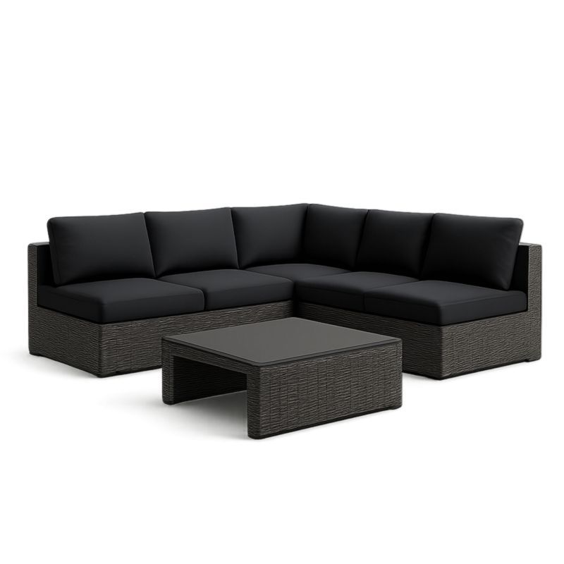 Set Divano Angolare in Rattan Sintetico Nero con Tavolino