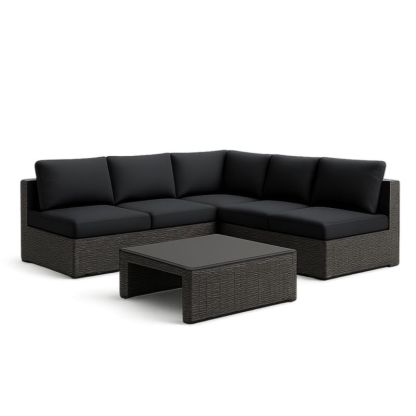 Set Divano Angolare in Rattan Sintetico Nero con Tavolino