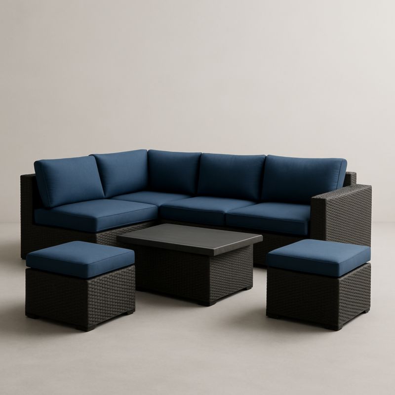Set Divano Angolare in Rattan Sintetico con Cuscini Blu