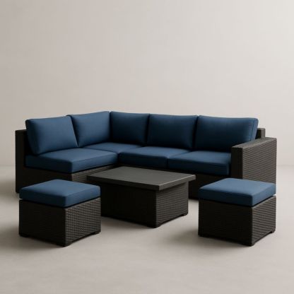 Set Divano Angolare in Rattan Sintetico con Cuscini Blu