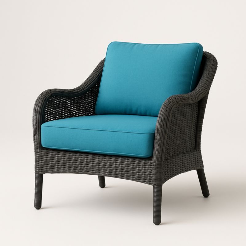 Poltrona in Rattan Sintetico Grigio con Cuscini Blu