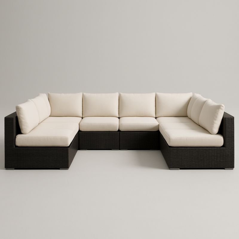 Divano angolare modulare in rattan sintetico con cuscini beige