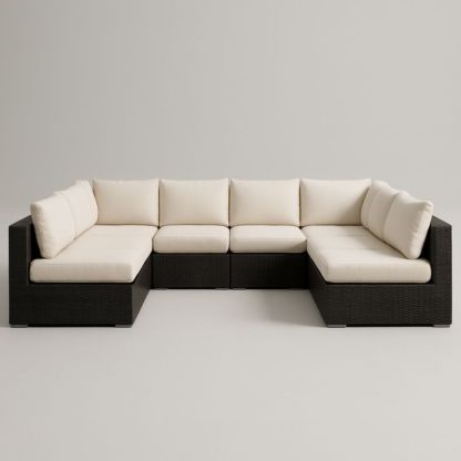 Divano angolare modulare in rattan sintetico con cuscini beige