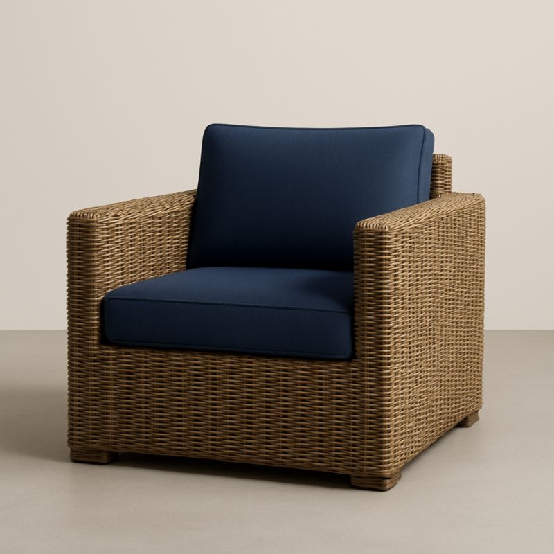 Poltrona in Rattan con Cuscini Blu in Tessuto Resistente