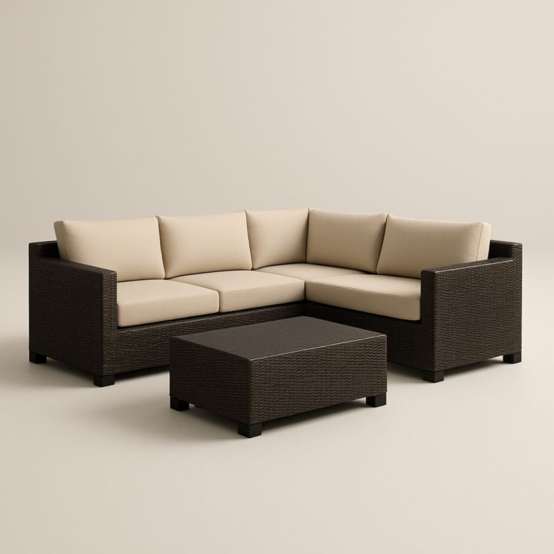 Set Divano Angolare in Rattan Sintetico Marrone con Cuscini Beige