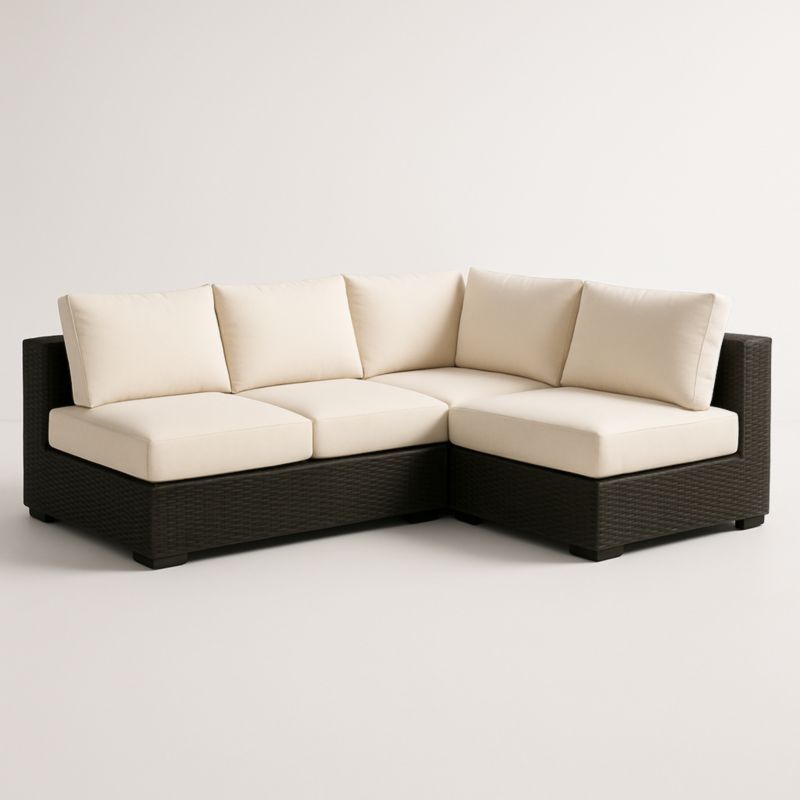 Divano Angolare in Rattan Sintetico Nero con Cuscini in Tessuto Beige