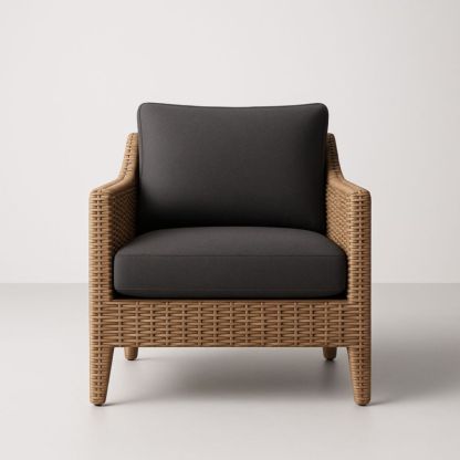 Poltrona in rattan sintetico marrone con cuscini in poliestere grigio scuro 85x75x80 cm