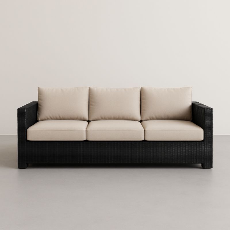 Divano a 3 posti rattan sintetico nero con cuscini beige in poliestere