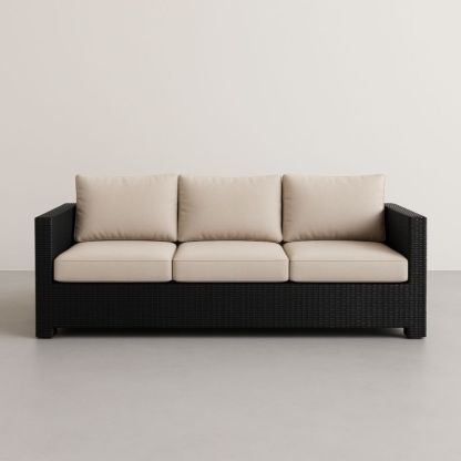 Divano a 3 posti rattan sintetico nero con cuscini beige in poliestere