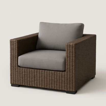 Poltrona Intrecciata Marrone con Cuscino Grigio in Poliestere