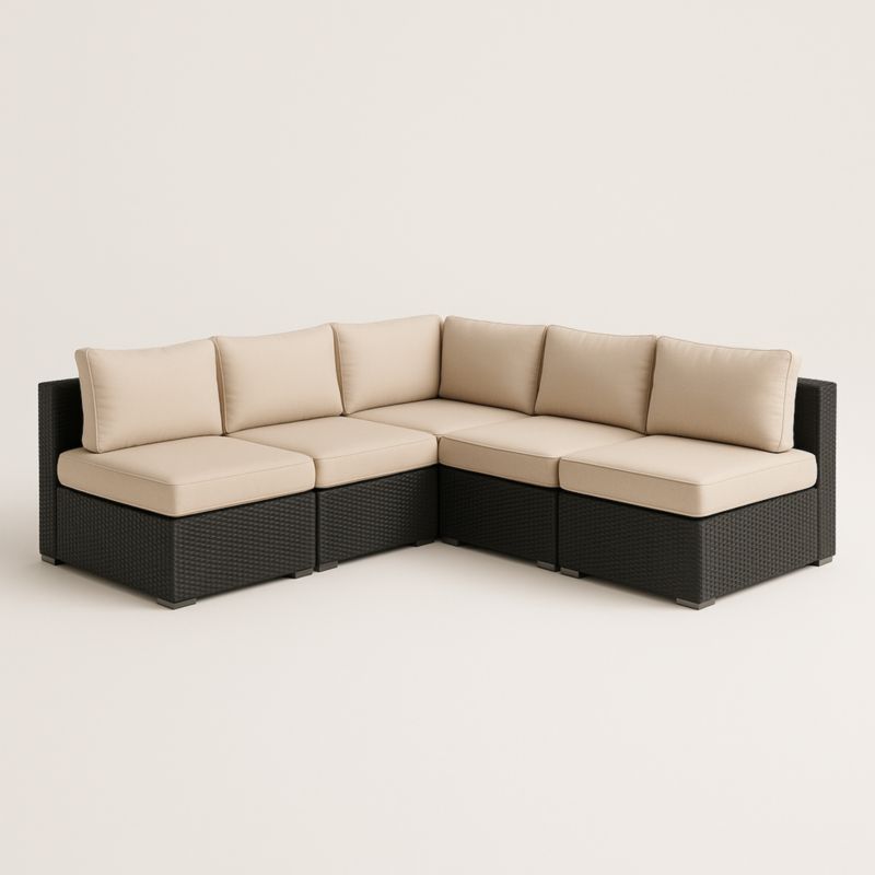 Divano angolare da esterno in rattan PE e poliestere nero e beige